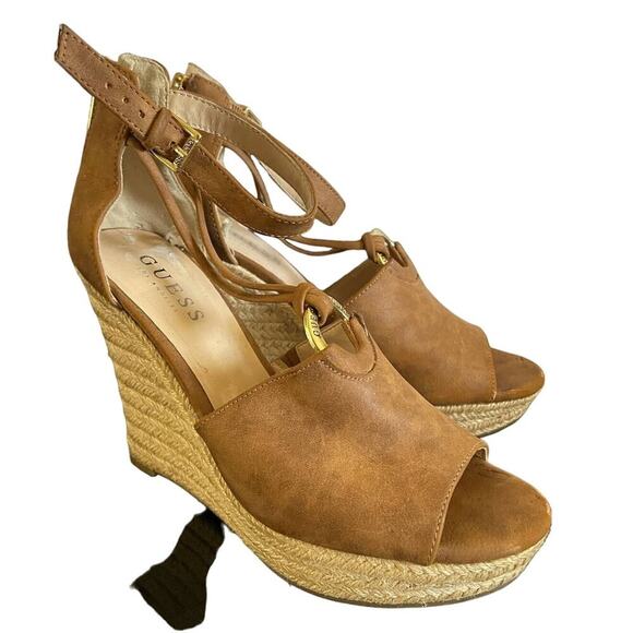 Guess Brown Platform Wedges 7 M Women's Ankle Strap - Picture 1 of 7